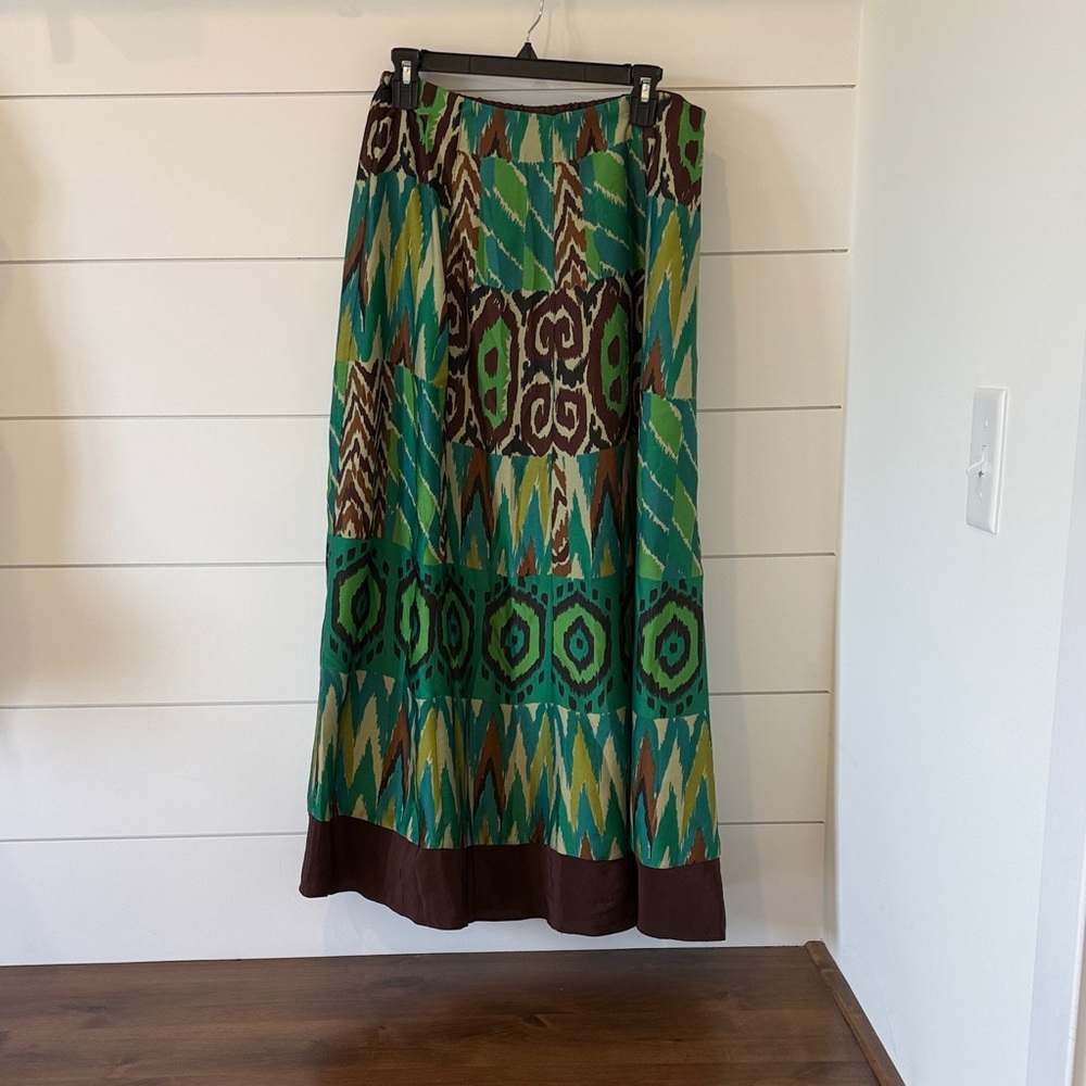 Soft Surroundings 100% Silk Vibrant Green and Brown Maxi Skirt